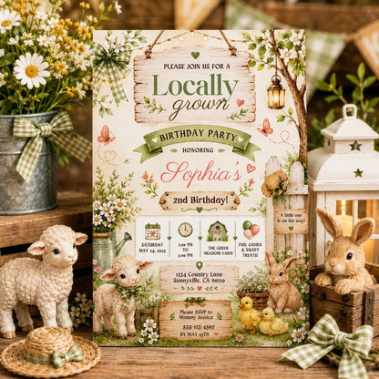 Editable Farmers Market Baby Shower Invitation Canva Template, Green Floral Kids Cute Fun DIY Chic Party Invite, Printable Digital Download.