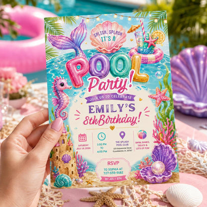 Editable Pool Birthday Invitation Canva Template, Pastel Glitter Girls Kids Pool Cute Fun DIY Chic Party Invite, Printable Digital Download.