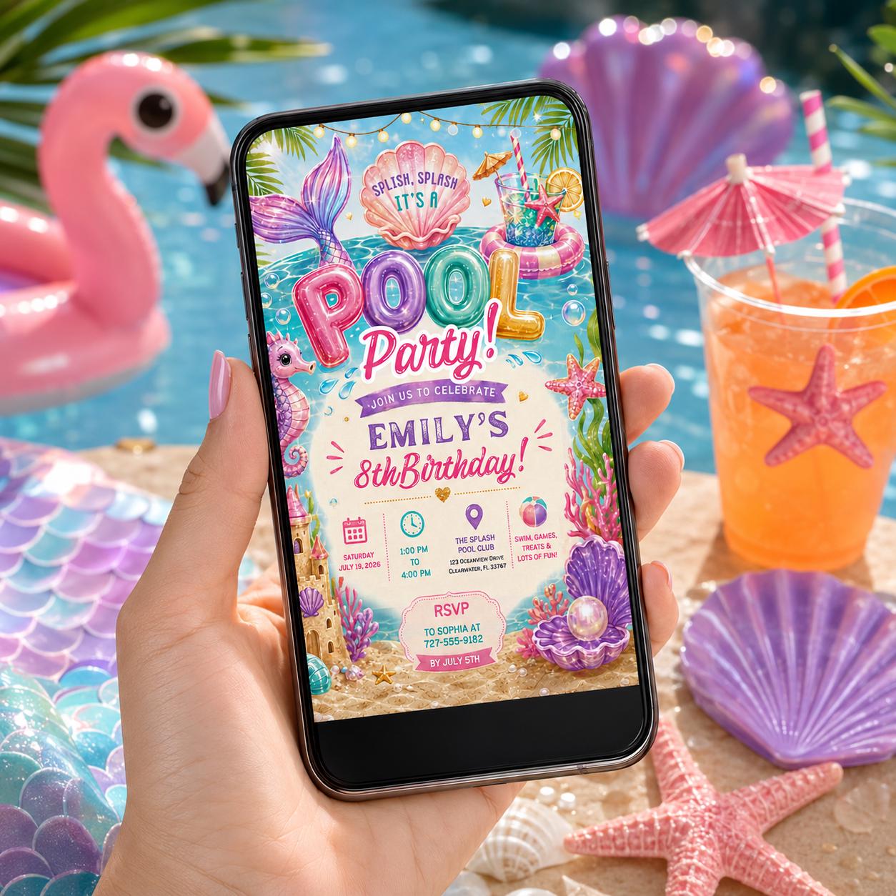 Editable Pool Birthday Invitation Canva Template, Pastel Glitter Girls Kids Pool Cute Fun DIY Chic Party Invite, Printable Digital Download.