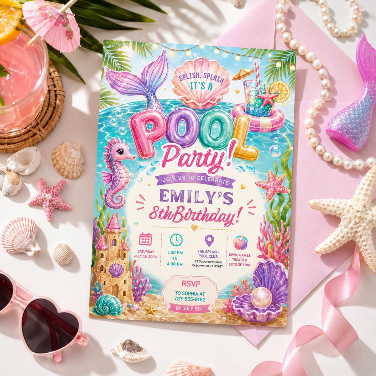 Editable Pool Birthday Invitation Canva Template, Pastel Glitter Girls Kids Pool Cute Fun DIY Chic Party Invite, Printable Digital Download.