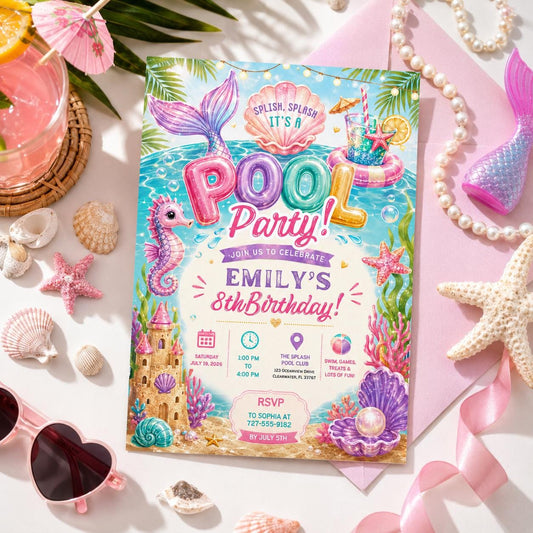 Editable Pool Birthday Invitation Canva Template, Pastel Glitter Girls Kids Pool Cute Fun DIY Chic Party Invite, Printable Digital Download.