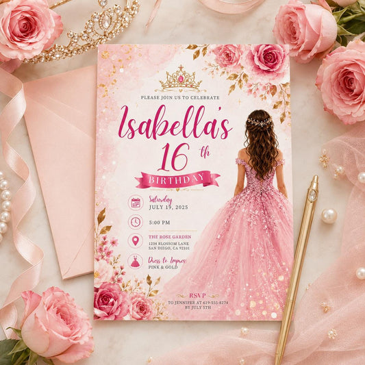 Editable Sweet Treats Birthday Invitation Canva Template, Pink Gold Luxury Sweet Cute Fun DIY Chic Party Invite, Printable Digital Download.