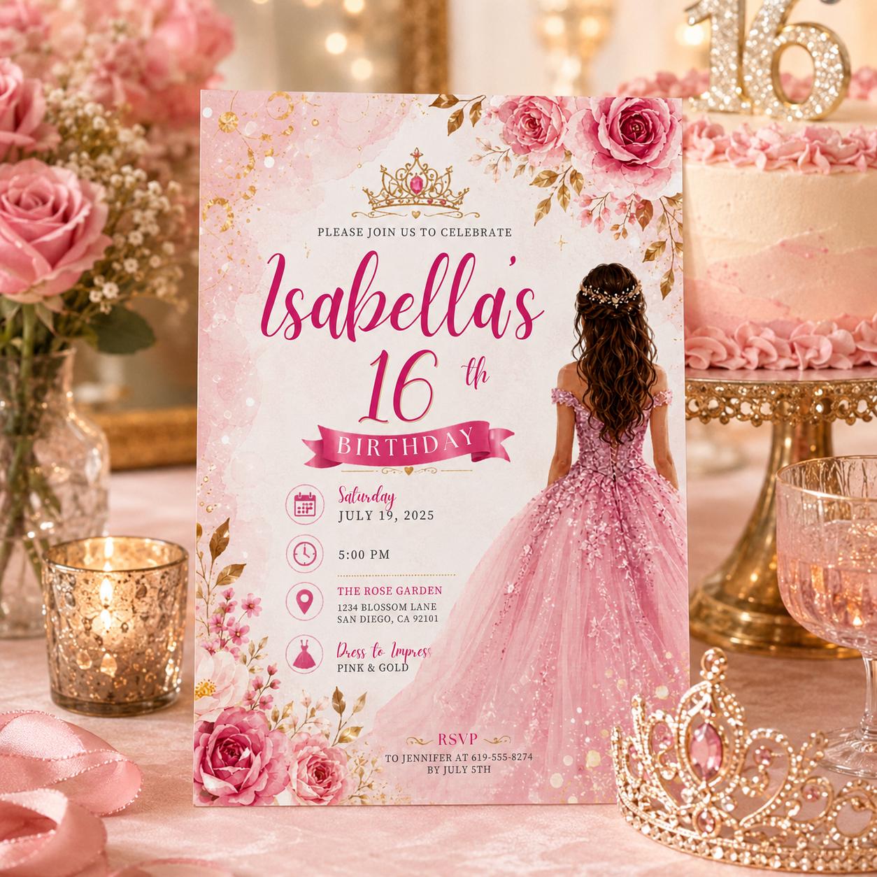 Editable Sweet Treats Birthday Invitation Canva Template, Pink Gold Luxury Sweet Cute Fun DIY Chic Party Invite, Printable Digital Download.