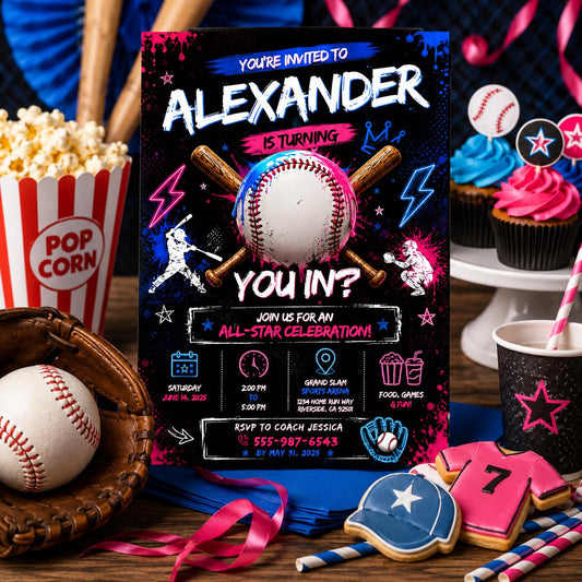 Editable Baseball Drip Birthday Invitation Canva Template, Cream Boys Kids Cute Fun DIY Sweet Chic Party Invite, Printable Digital Download.