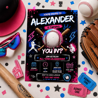 Editable Baseball Drip Birthday Invitation Canva Template, Cream Boys Kids Cute Fun DIY Sweet Chic Party Invite, Printable Digital Download.