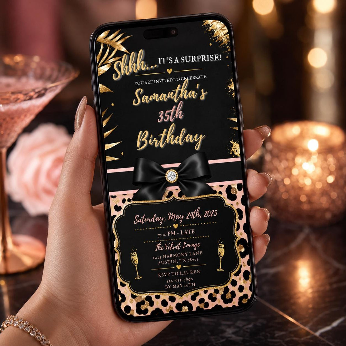 Editable Personalised Leopard Suprise Birthday Invitation Canva Template, Luxury Cute Fun DIY Chic Party Invite, Printable Digital Download.