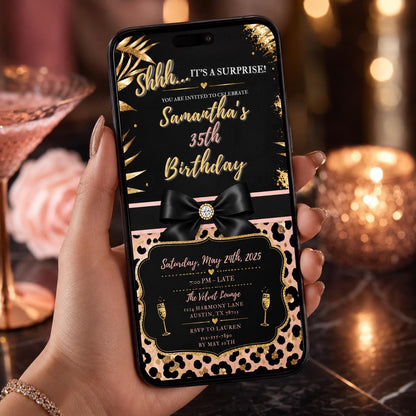 Editable Personalised Leopard Suprise Birthday Invitation Canva Template, Luxury Cute Fun DIY Chic Party Invite, Printable Digital Download.