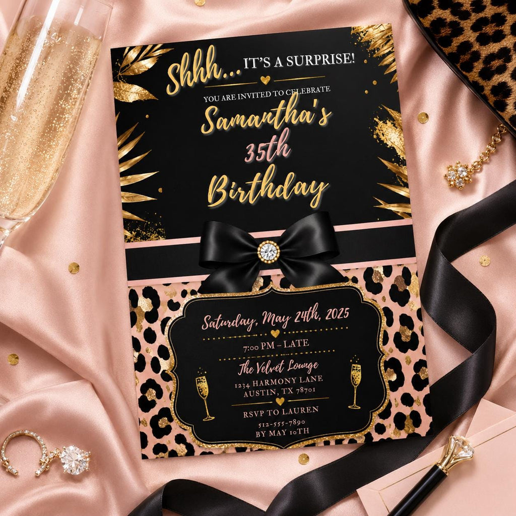 Editable Personalised Leopard Suprise Birthday Invitation Canva Template, Luxury Cute Fun DIY Chic Party Invite, Printable Digital Download.