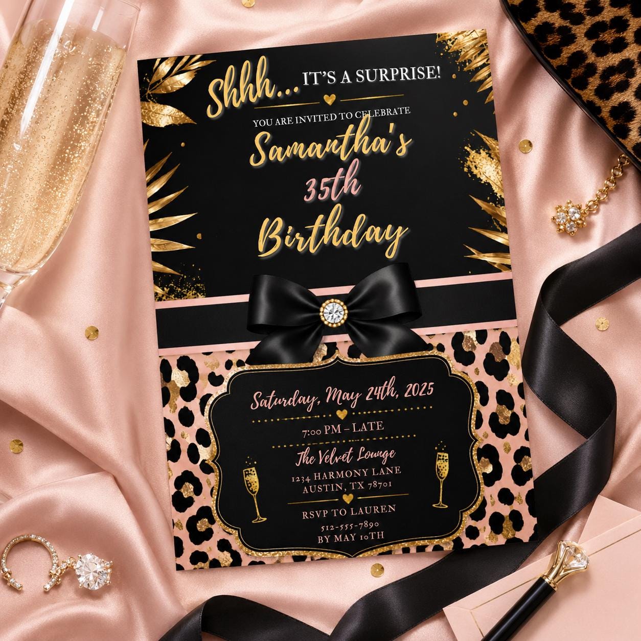 Editable Personalised Leopard Suprise Birthday Invitation Canva Template, Luxury Cute Fun DIY Chic Party Invite, Printable Digital Download.