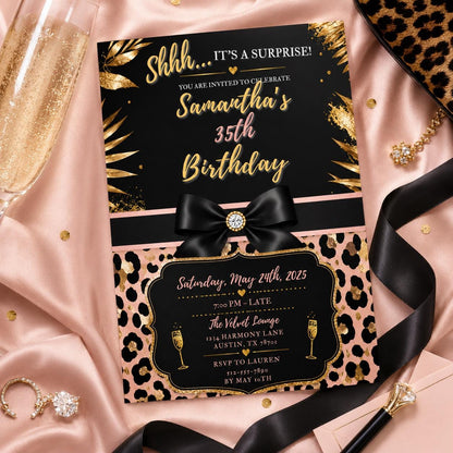 Editable Personalised Leopard Suprise Birthday Invitation Canva Template, Luxury Cute Fun DIY Chic Party Invite, Printable Digital Download.