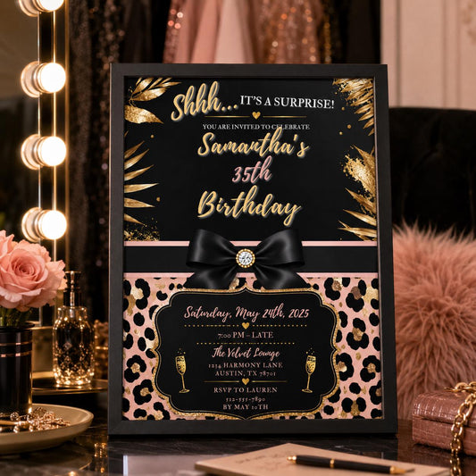 Editable Personalised Leopard Suprise Birthday Invitation Canva Template, Luxury Cute Fun DIY Chic Party Invite, Printable Digital Download.