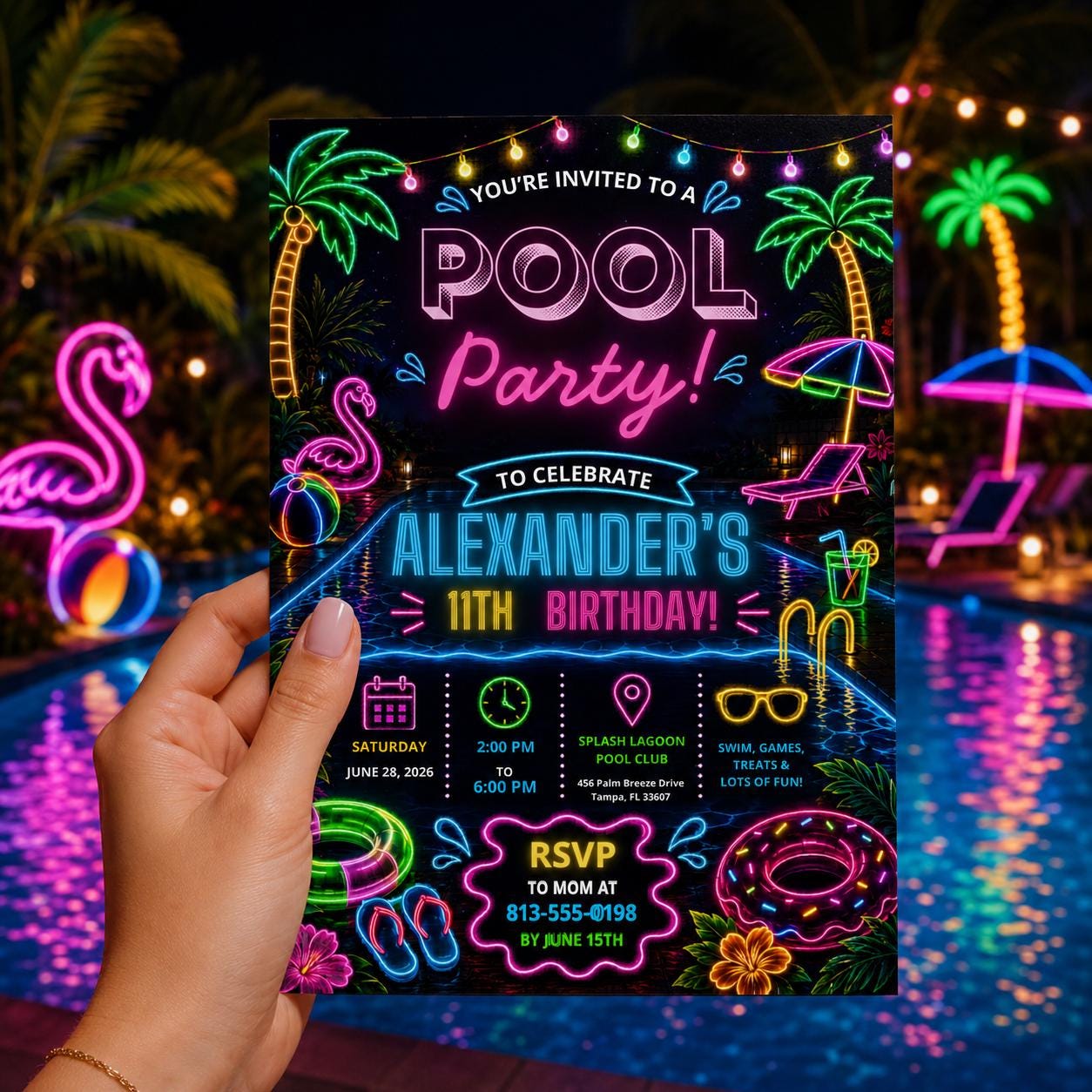 Editable Pool Birthday Invitation Canva Template, Neon Boys Pool Cute Fun DIY Sweet Chic Kids Teen Party Invite, Printable Digital Download.