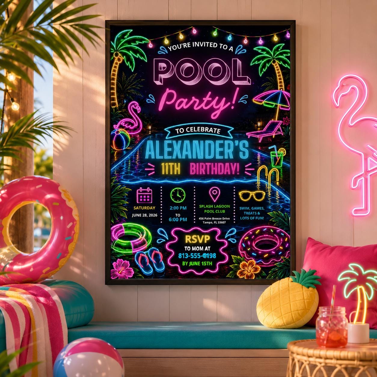Editable Pool Birthday Invitation Canva Template, Neon Boys Pool Cute Fun DIY Sweet Chic Kids Teen Party Invite, Printable Digital Download.
