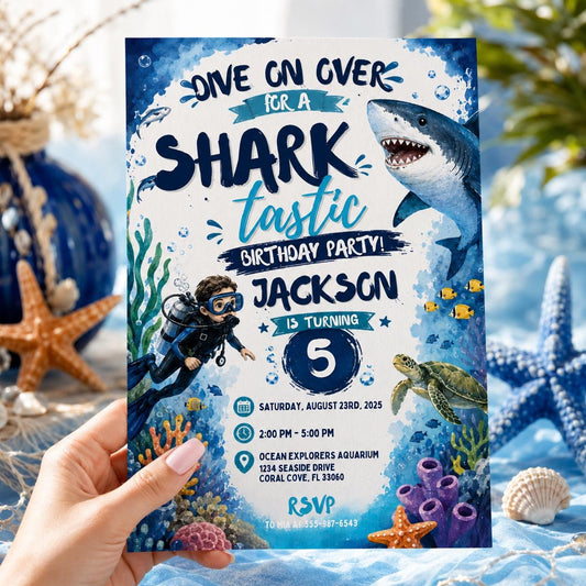 Editable Sharktastic Birthday Invitation Canva Template, Cute Modern Fun Themed DIY Chic Kids Teen Party Invite, Printable Digital Download.