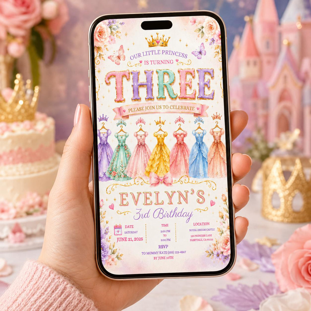 Editable Princess Birthday Invitation Canva Template, Girls Kids Cute Modern Fun Themed Custom DIY Party Invite, Printable Digital Download.