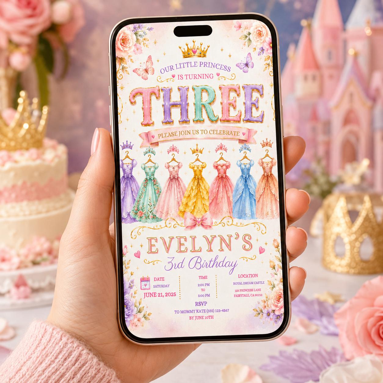 Editable Princess Birthday Invitation Canva Template, Girls Kids Cute Modern Fun Themed Custom DIY Party Invite, Printable Digital Download.