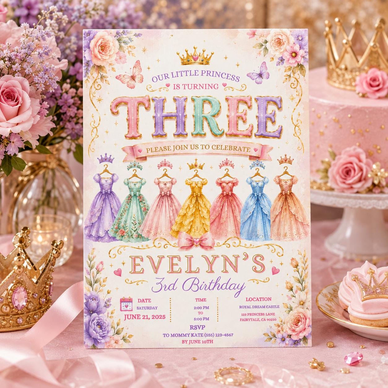 Editable Princess Birthday Invitation Canva Template, Girls Kids Cute Modern Fun Themed Custom DIY Party Invite, Printable Digital Download.