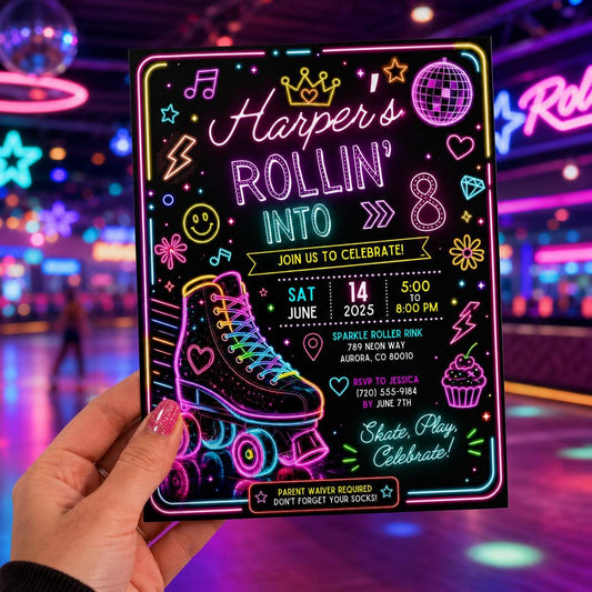 Editable Neon Glow Birthday Invitation Canva Template, Rainbow Girls Kids Neon Cute Modern Fun DIY Party Invite, Printable Digital Download.