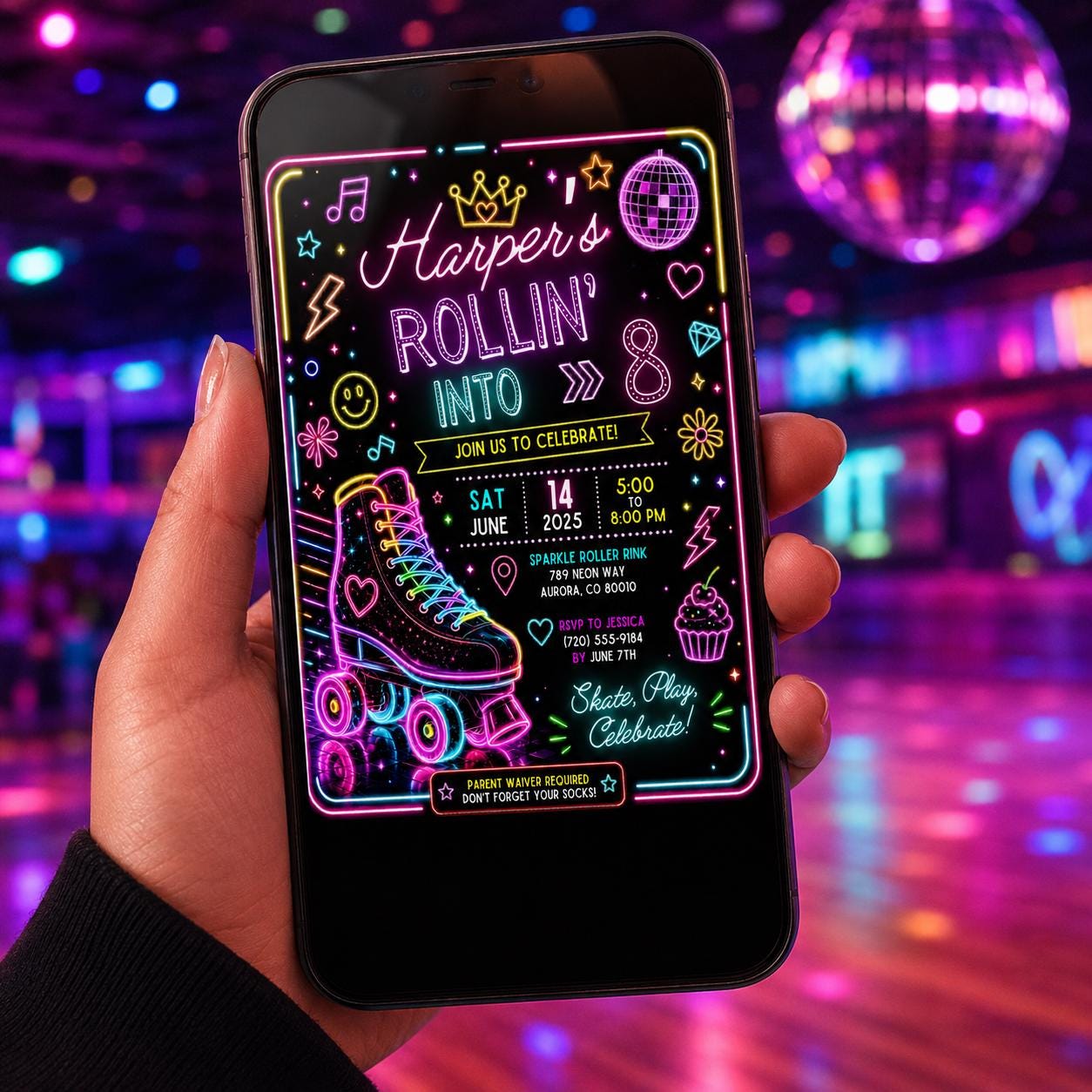 Editable Neon Glow Birthday Invitation Canva Template, Rainbow Girls Kids Neon Cute Modern Fun DIY Party Invite, Printable Digital Download.