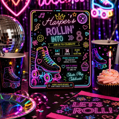 Editable Neon Glow Birthday Invitation Canva Template, Rainbow Girls Kids Neon Cute Modern Fun DIY Party Invite, Printable Digital Download.