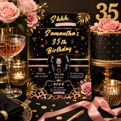 Editable Personalised Leopard Suprise Birthday Invitation Canva Template, Luxury Cute Fun DIY Chic Party Invite, Printable Digital Download.