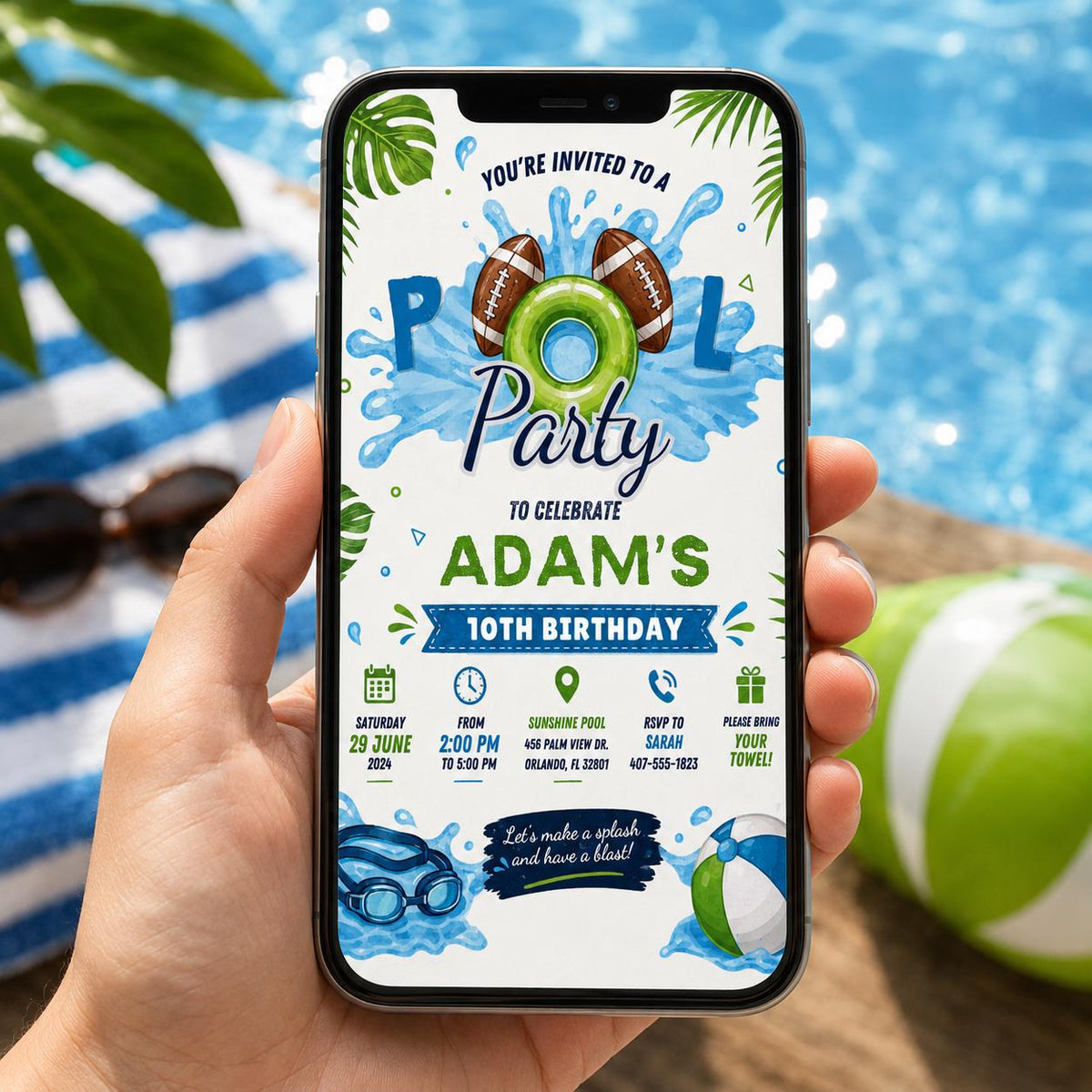 Editable Football Birthday Invitation Canva Template, Boys Pool Cute Modern Fun DIY Chic Kids Teen Party Invite, Printable Digital Download.