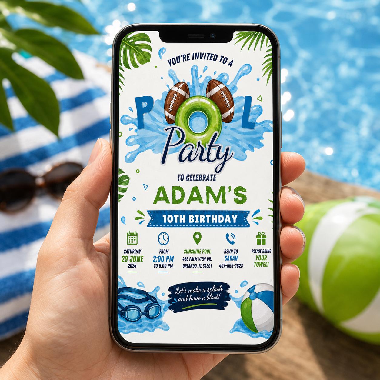 Editable Football Birthday Invitation Canva Template, Boys Pool Cute Modern Fun DIY Chic Kids Teen Party Invite, Printable Digital Download.