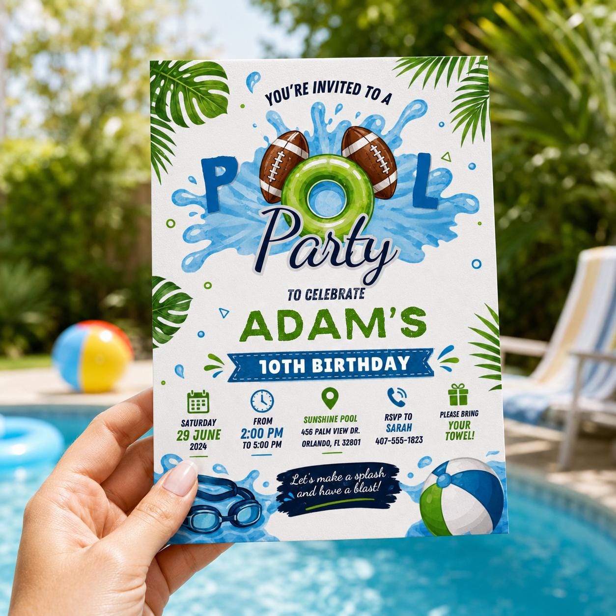 Editable Football Birthday Invitation Canva Template, Boys Pool Cute Modern Fun DIY Chic Kids Teen Party Invite, Printable Digital Download.