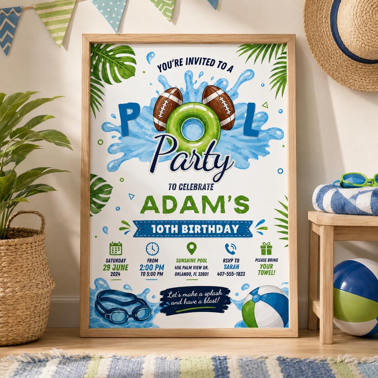 Editable Football Birthday Invitation Canva Template, Boys Pool Cute Modern Fun DIY Chic Kids Teen Party Invite, Printable Digital Download.