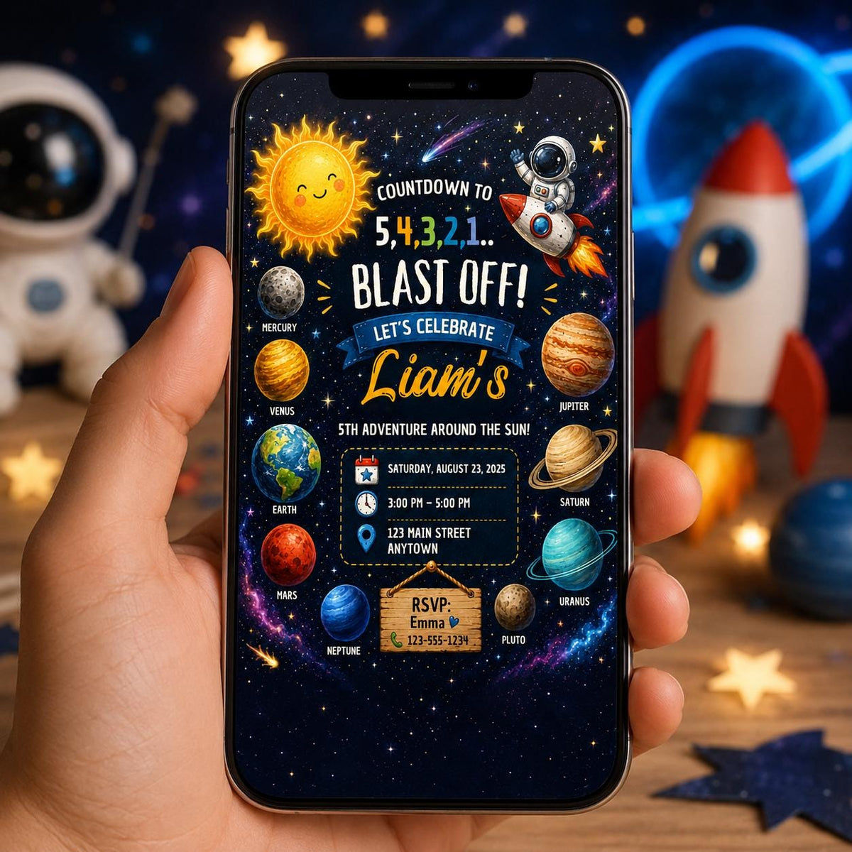 Editable Space Galaxy Birthday Invitation Canva Template, Orange Teal Girls Kids Cute Fun DIY Chic Party Invite, Printable Digital Download.