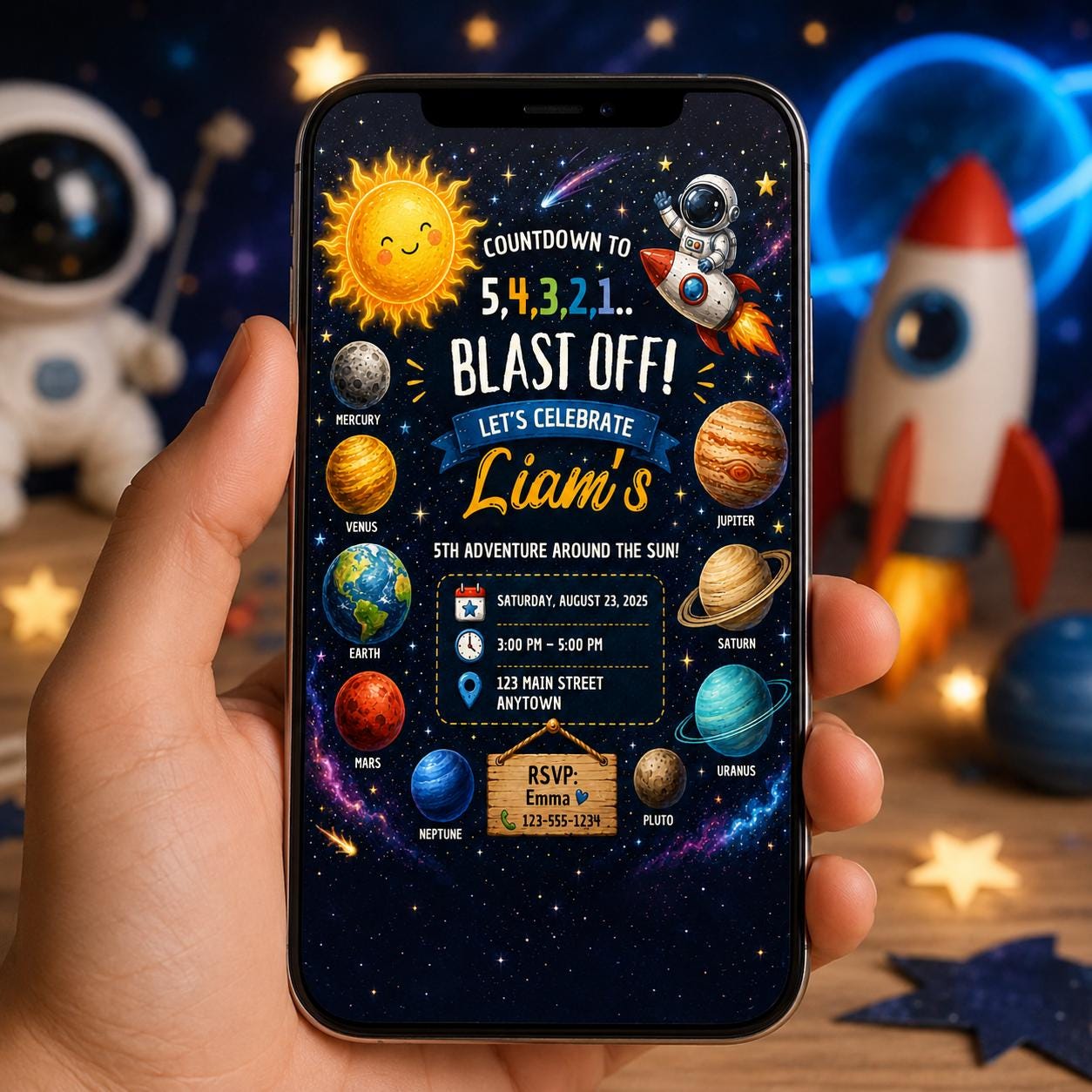 Editable Space Galaxy Birthday Invitation Canva Template, Orange Teal Girls Kids Cute Fun DIY Chic Party Invite, Printable Digital Download.
