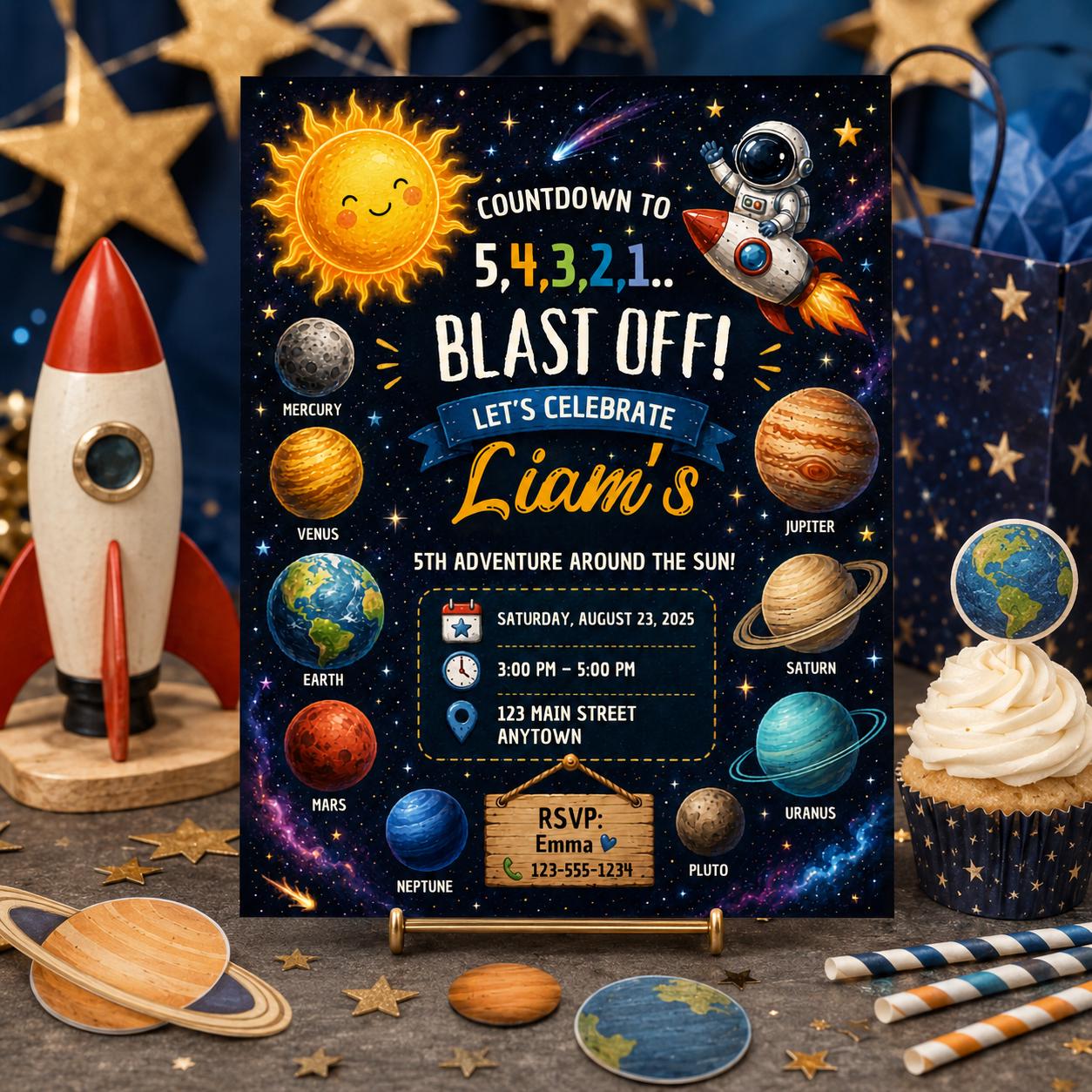Editable Space Galaxy Birthday Invitation Canva Template, Orange Teal Girls Kids Cute Fun DIY Chic Party Invite, Printable Digital Download.