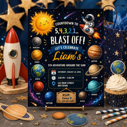 Editable Space Galaxy Birthday Invitation Canva Template, Orange Teal Girls Kids Cute Fun DIY Chic Party Invite, Printable Digital Download.