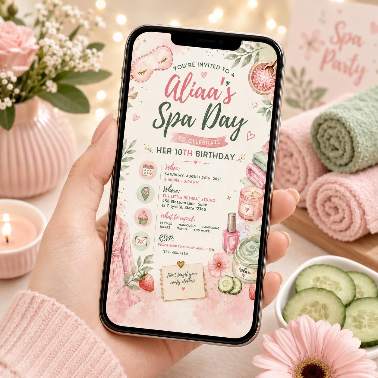 Editable Spa Birthday Invitation Canva Template, Girls Spa Cute Fun DIY Sweet Chic Kids Teen Tween Party Invite, Printable Digital Download.