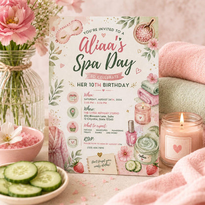 Editable Spa Birthday Invitation Canva Template, Girls Spa Cute Fun DIY Sweet Chic Kids Teen Tween Party Invite, Printable Digital Download.