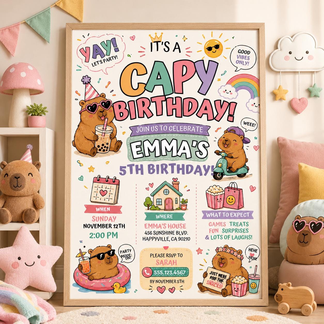 Editable Animal Birthday Invitation Canva Template, Pastel Cute Kids Fun DIY Sweet Chic Teen Tween Party Invite, Printable Digital Download.