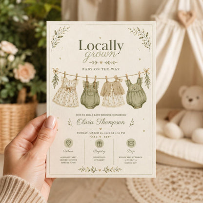 Editable Farmers Market Baby Shower Invitation Canva Template, Green Floral Kids Cute Fun DIY Chic Party Invite, Printable Digital Download.