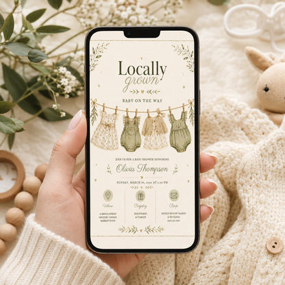 Editable Farmers Market Baby Shower Invitation Canva Template, Green Floral Kids Cute Fun DIY Chic Party Invite, Printable Digital Download.