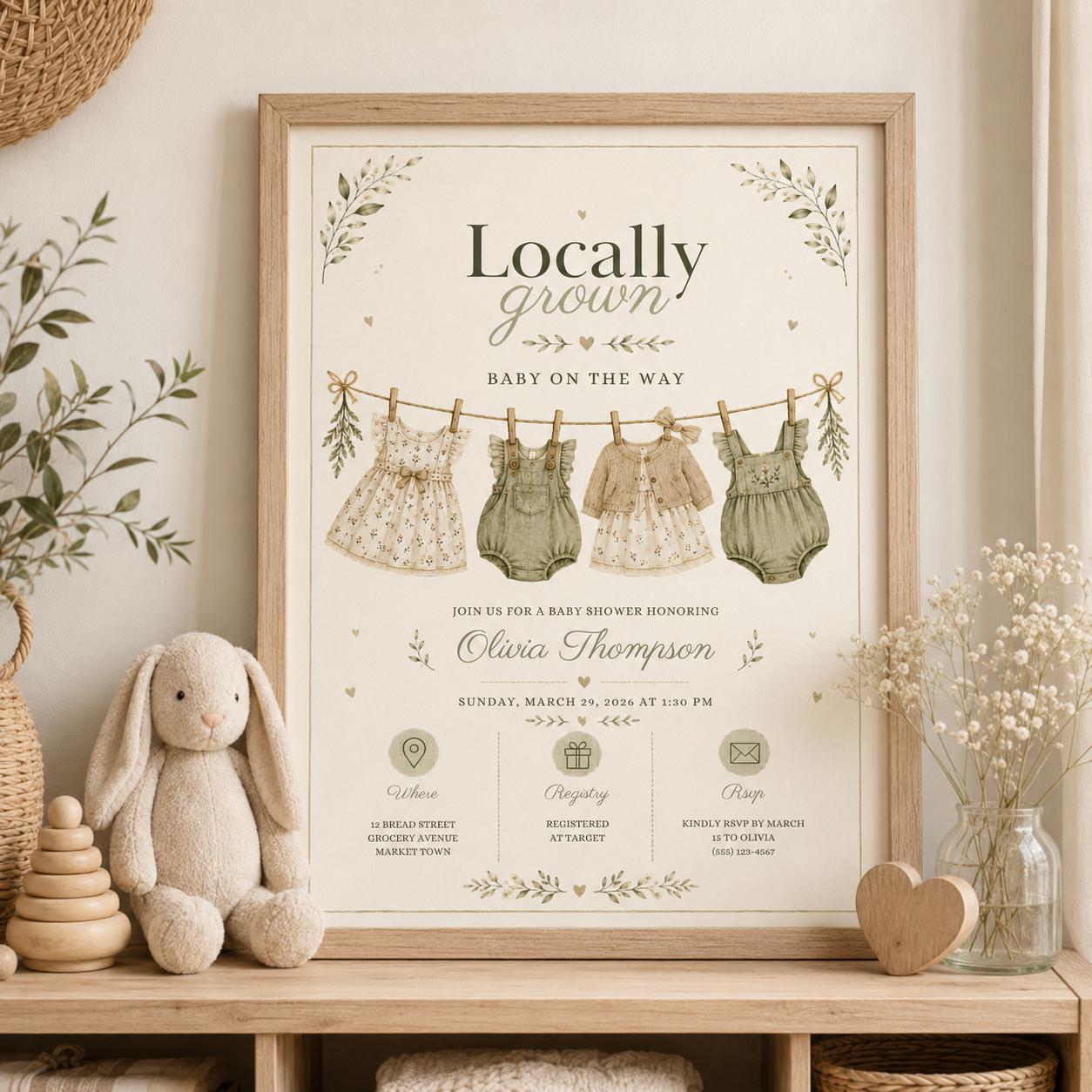 Editable Farmers Market Baby Shower Invitation Canva Template, Green Floral Kids Cute Fun DIY Chic Party Invite, Printable Digital Download.