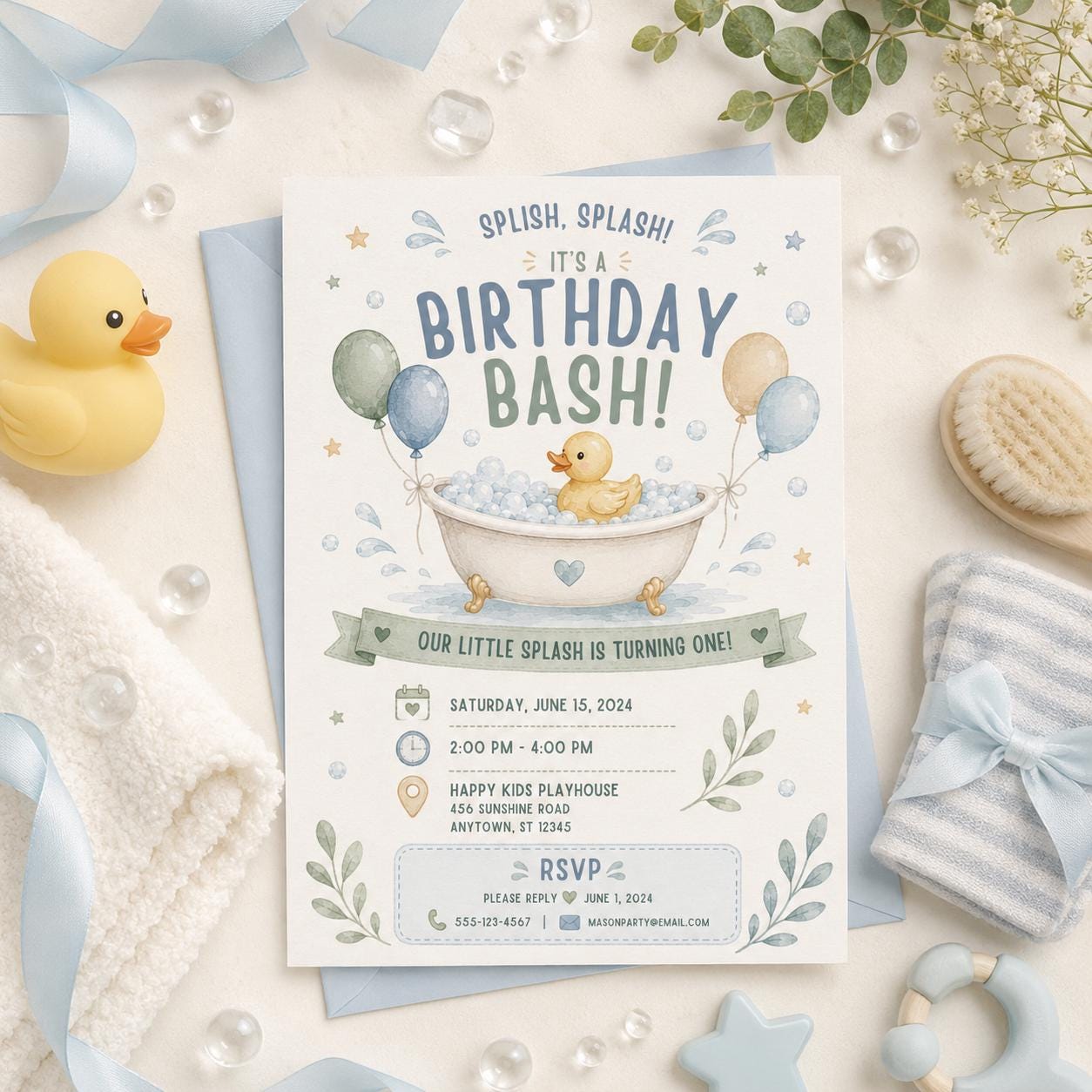 Editable Pool Birthday Invitation Canva Template, Blue Boys Kids Summer Cute Modern Fun Themed DIY Party Invite, Printable Digital Download.
