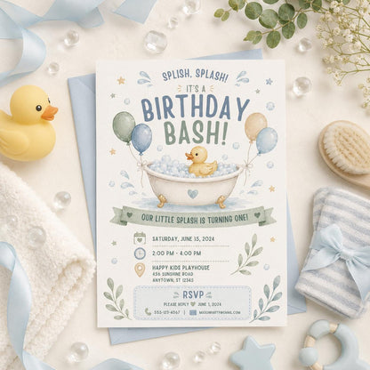 Editable Pool Birthday Invitation Canva Template, Blue Boys Kids Summer Cute Modern Fun Themed DIY Party Invite, Printable Digital Download.