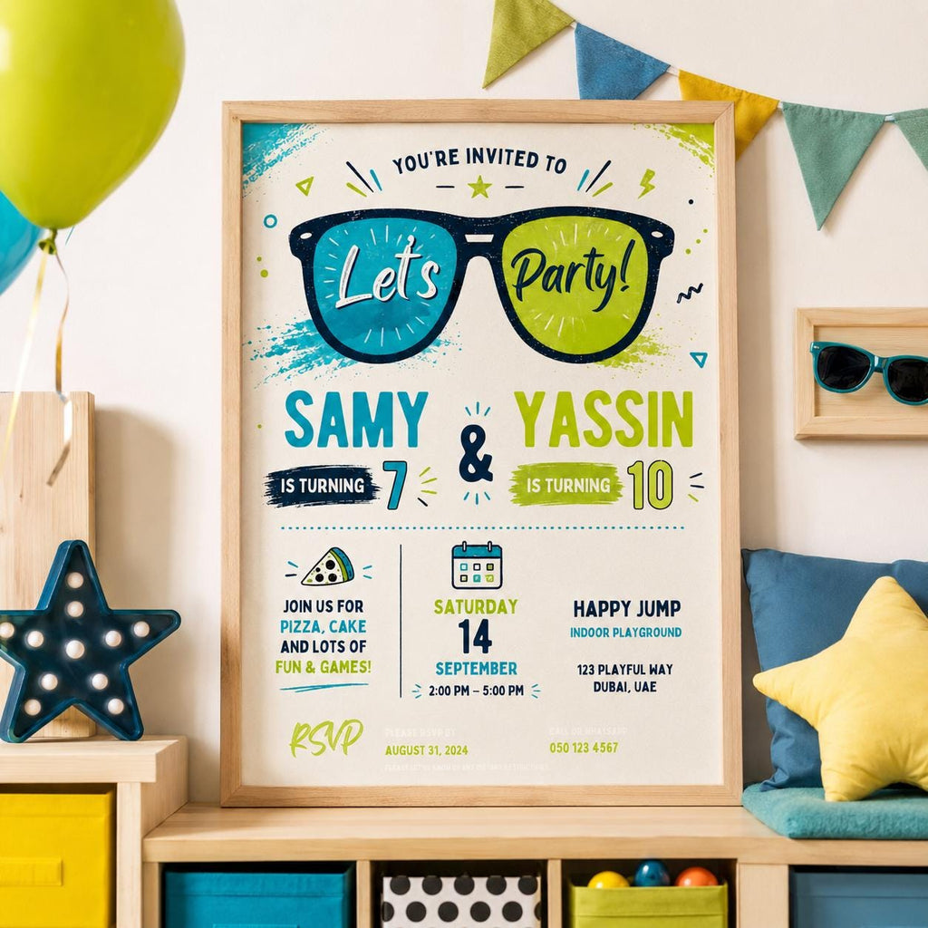 Editable Sunglasses Summer Birthday Invitation Canva Template, Kids Cute Modern Fun DIY Sweet Chic Party Invite, Printable Digital Download.