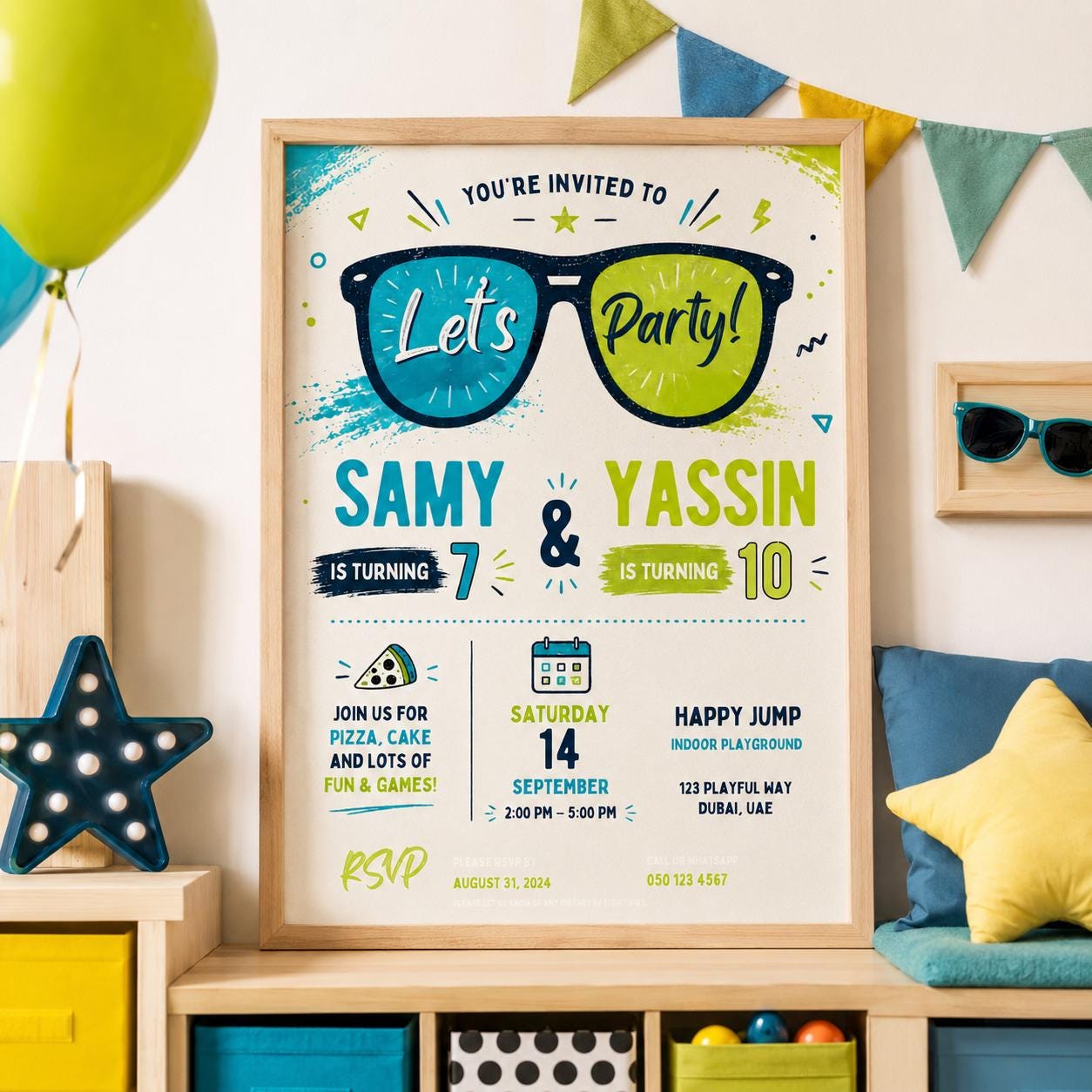 Editable Sunglasses Summer Birthday Invitation Canva Template, Kids Cute Modern Fun DIY Sweet Chic Party Invite, Printable Digital Download.