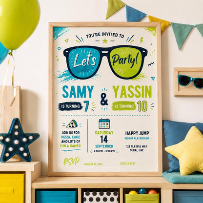 Editable Sunglasses Summer Birthday Invitation Canva Template, Kids Cute Modern Fun DIY Sweet Chic Party Invite, Printable Digital Download.