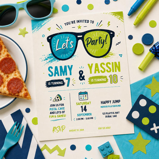 Editable Sunglasses Summer Birthday Invitation Canva Template, Kids Cute Modern Fun DIY Sweet Chic Party Invite, Printable Digital Download.