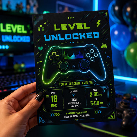 Editable Gamer Birthday Invitation Canva Template, Blue Green Neon Boys Cute Modern Fun Themed DIY Party Invite, Printable Digital Download.