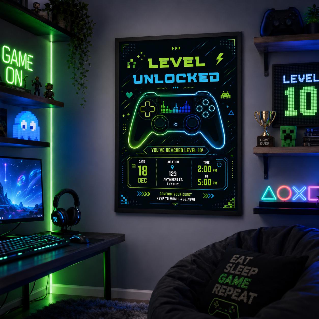 Editable Gamer Birthday Invitation Canva Template, Blue Green Neon Boys Cute Modern Fun Themed DIY Party Invite, Printable Digital Download.