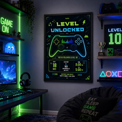 Editable Gamer Birthday Invitation Canva Template, Blue Green Neon Boys Cute Modern Fun Themed DIY Party Invite, Printable Digital Download.