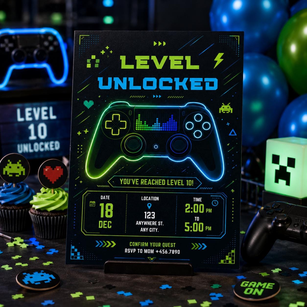 Editable Gamer Birthday Invitation Canva Template, Blue Green Neon Boys Cute Modern Fun Themed DIY Party Invite, Printable Digital Download.