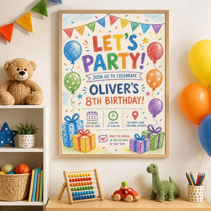 Editable Simple Colorful Birthday Invitation Canva Template, Rainbow Kids Cute Modern Fun DIY Chic Party Invite, Printable Digital Download.